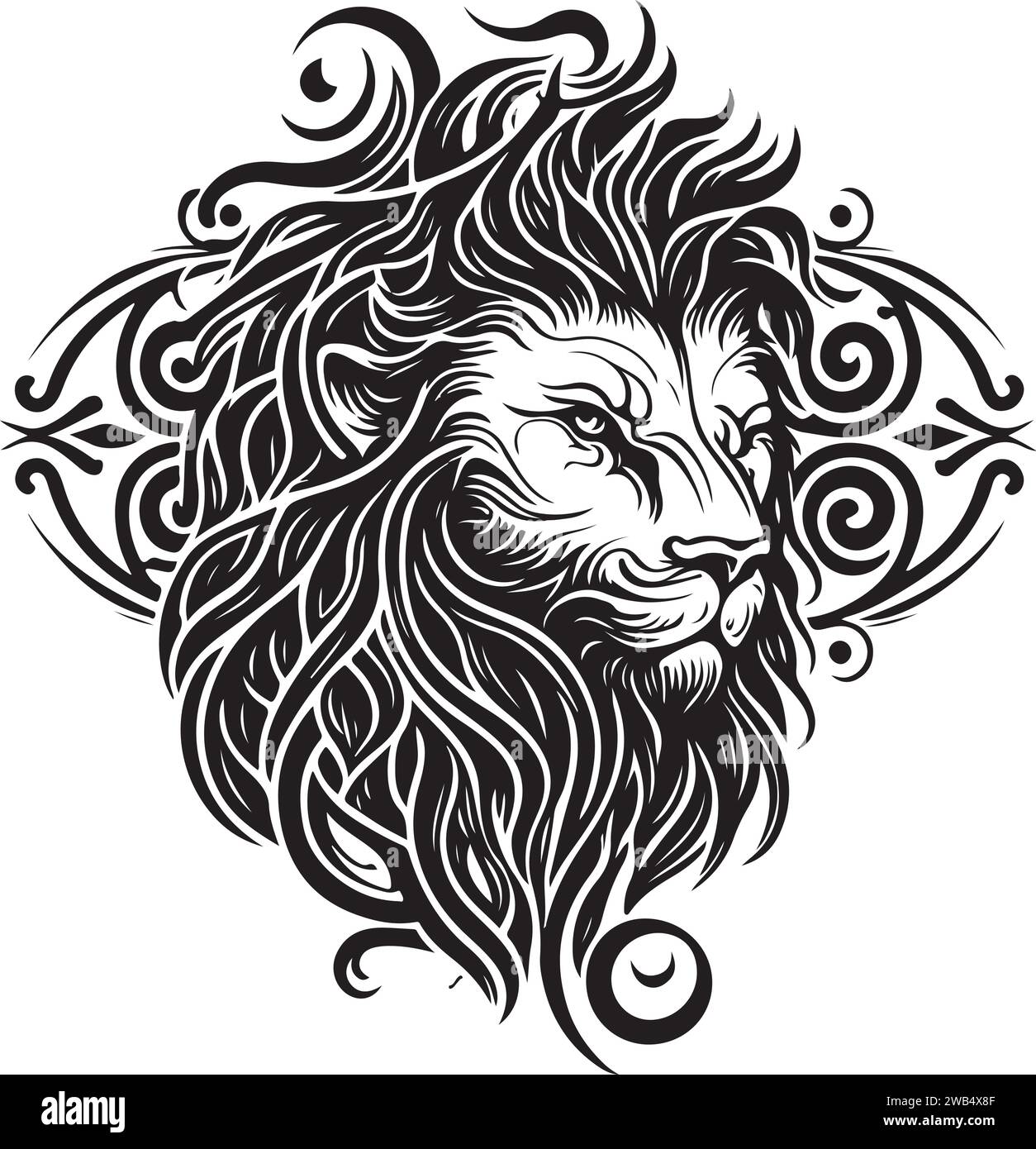 Lion ethnic graphic style with celtic ornaments and patterned mane. Vector illustration. Stock Vector