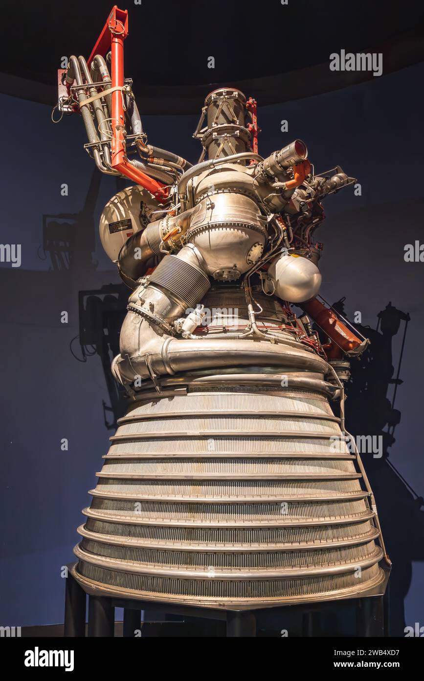 London, UK - May 19, 2023: The RL-10 liquid-fuel cryogenic rocket engine used on the Centaur, S-IV and DCSS upper stages, exposed at Science Museum of Stock Photo