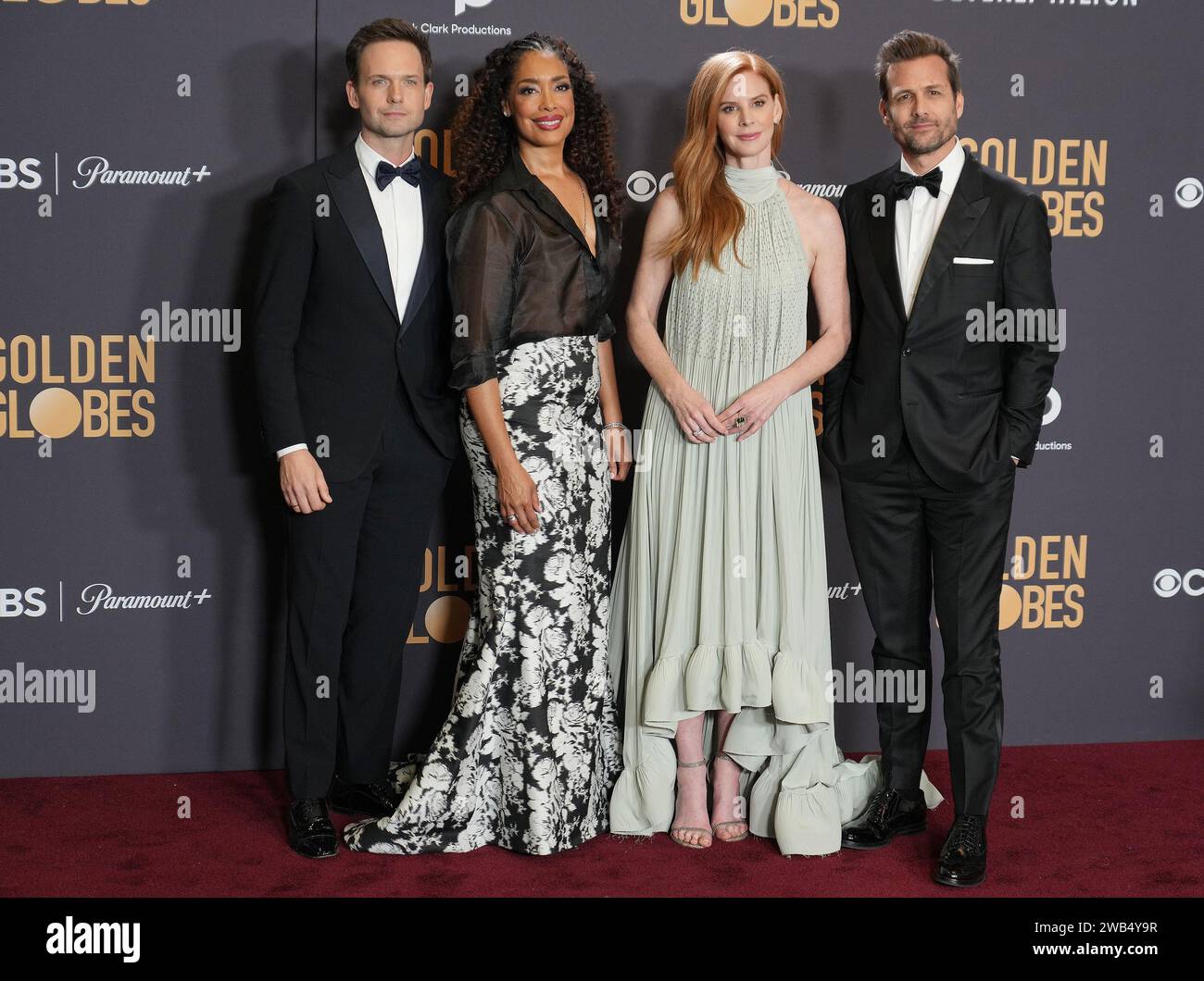 Los Angeles, USA. 07th Jan, 2024. (L-R) Patrick J. Adams, Gina Torres, Sarah Rafferty and Gabriel Macht poses in the press room at The 81st Annual Golden Globe Awards held at The Beverly Hilton in Beverly Hills, CA on Sunday, ?January 7, 2024. (Photo By Sthanlee B. Mirador/Sipa USA) Credit: Sipa USA/Alamy Live News Stock Photo