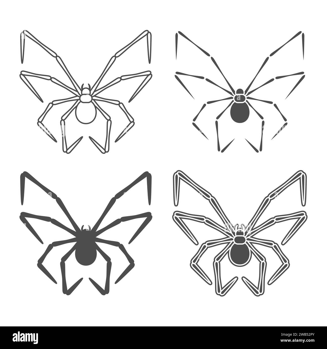 Set of black and white illustrations with butterfly shaped spider. Isolated vector objects on white background. Stock Vector