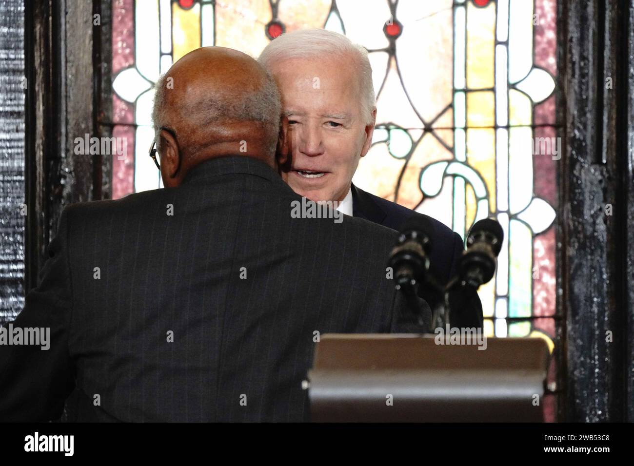 Charleston, United States. 08th Jan, 2024. U.S President Joe Biden, right, embraces Rep. Jim Clyburn, D-SC, after his introduction before delivering remarks at the Mother Emanuel AME Church in Charleston, South Carolina on Monday, January 8, 2024. Mother Emanuel is where a white supremacist gunned down nine black worshipers in 2015. Photo by Richard Ellis/UPI Credit: UPI/Alamy Live News Stock Photo