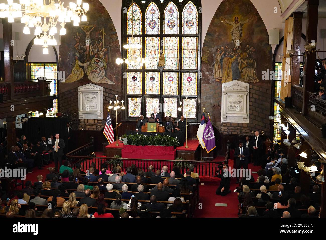 Charleston, United States. 08th Jan, 2024. U.S President Joe Biden delivers remarks at the Mother Emanuel AME Church in Charleston, South Carolina on Monday, January 8, 2024. Mother Emanuel is where a white supremacist gunned down nine black worshipers in 2015. Photo by Richard Ellis/UPI Credit: UPI/Alamy Live News Stock Photo