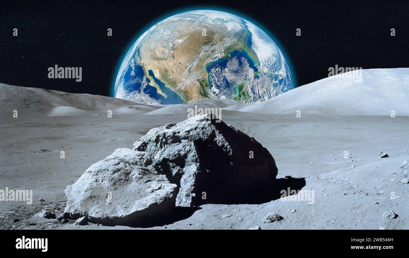 View from the Moon on Earth in outer space. Moon and Earth. Elements of this image furnished by NASA. Stock Photo