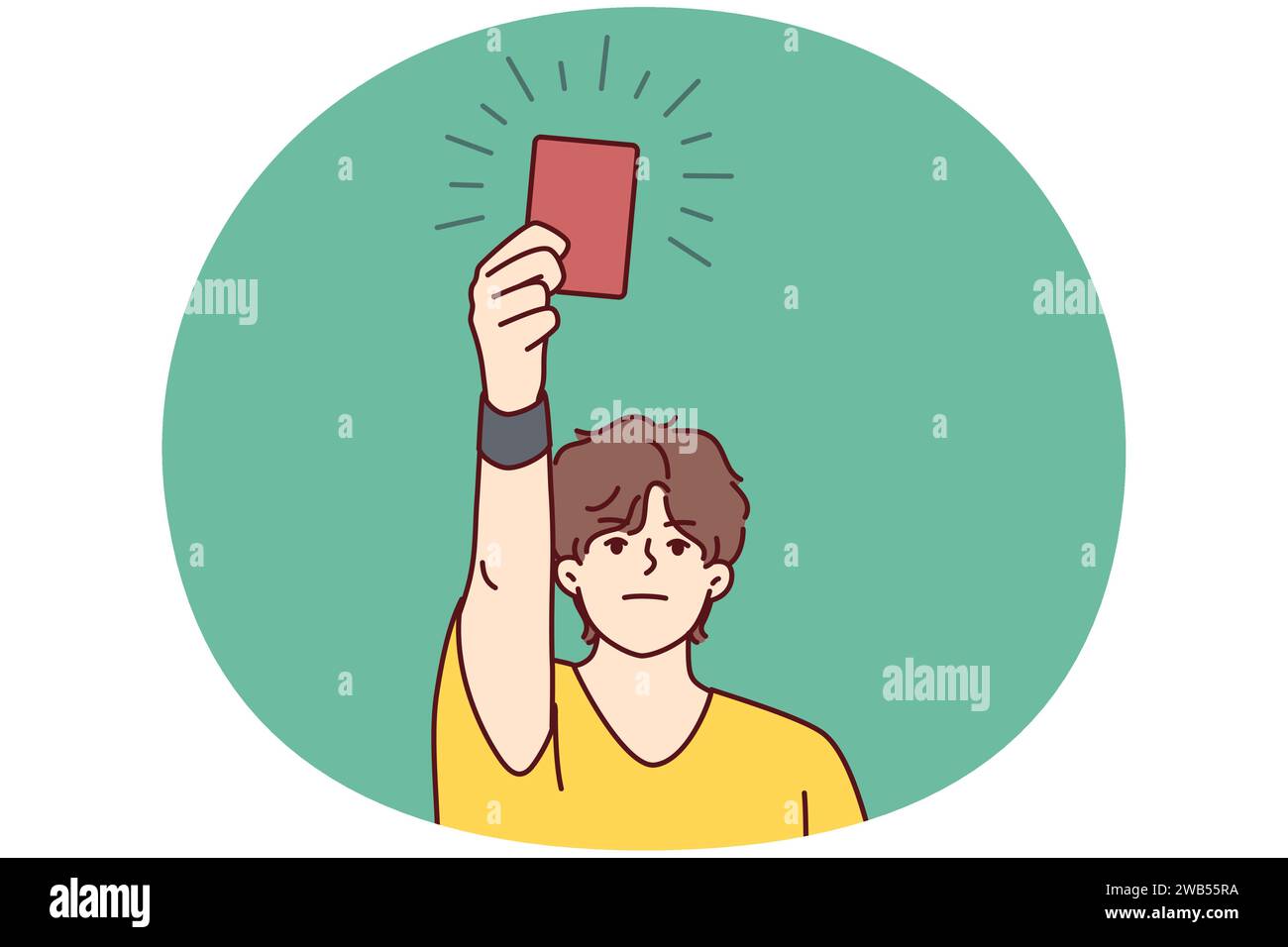 Man football referee raises hand with red card suspends player from match. Guy in yellow jersey oversees observance of rules of game removes footballer in field after violation. Flat vector design Stock Vector
