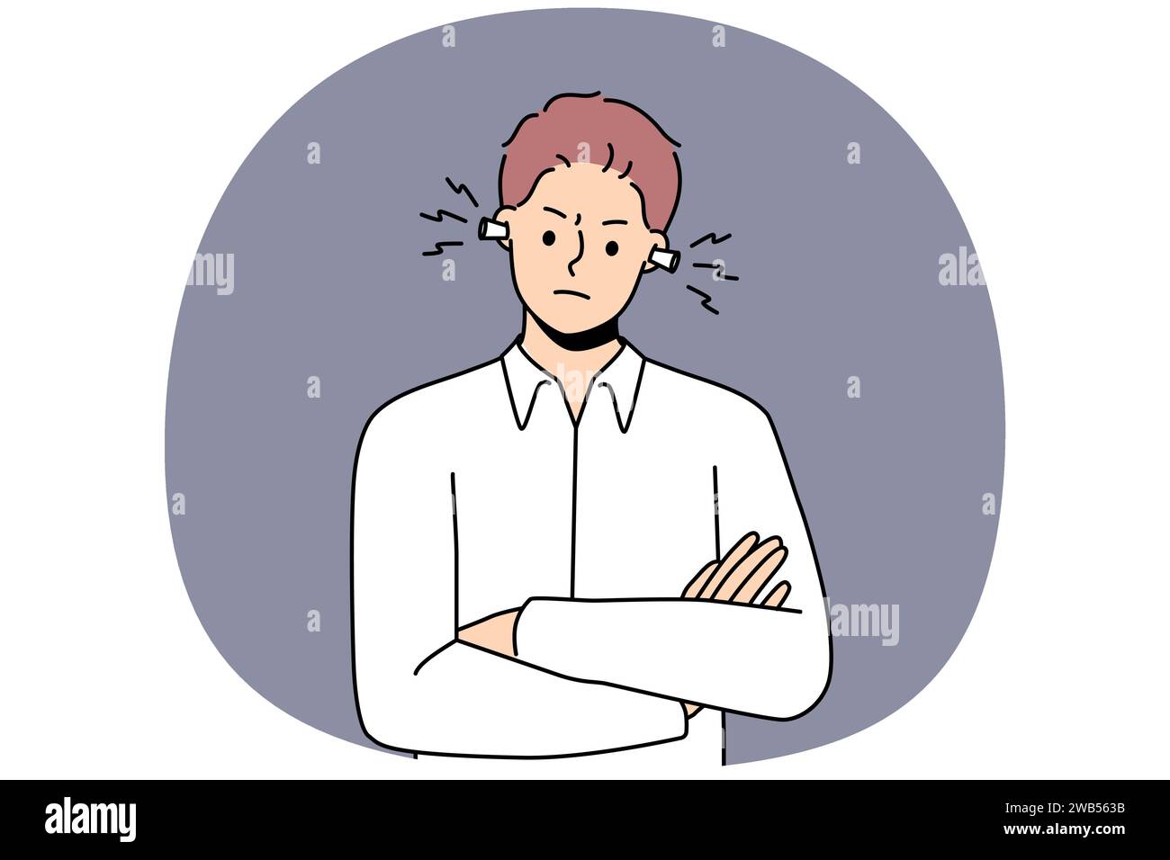 Furious young man with earplugs suffer from noisy neighbors or