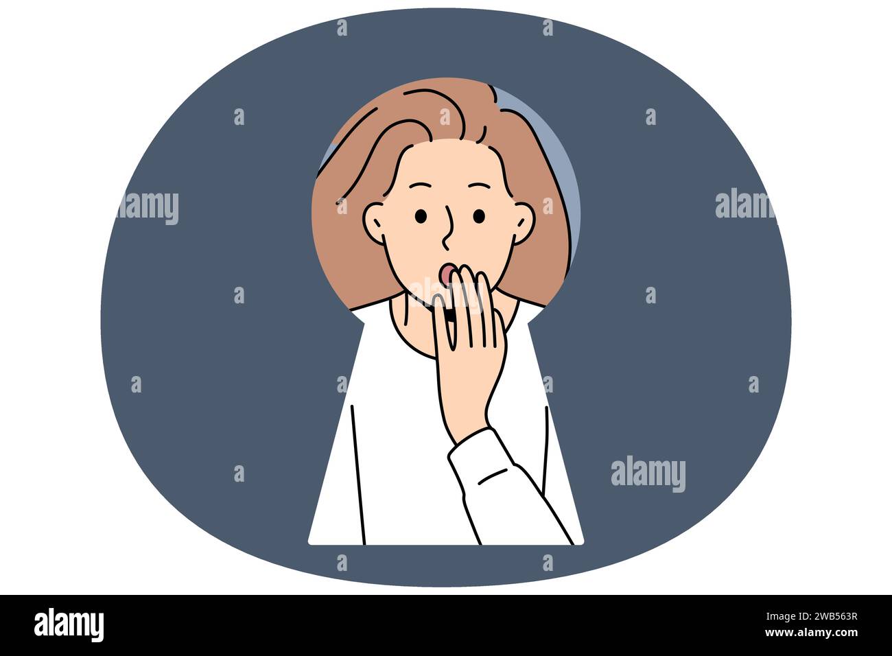 Stunned young woman look in lock hole shocked with unbelievable view. Amazed female feel surprised or astonished standing behind doors. Vector illustration. Stock Vector