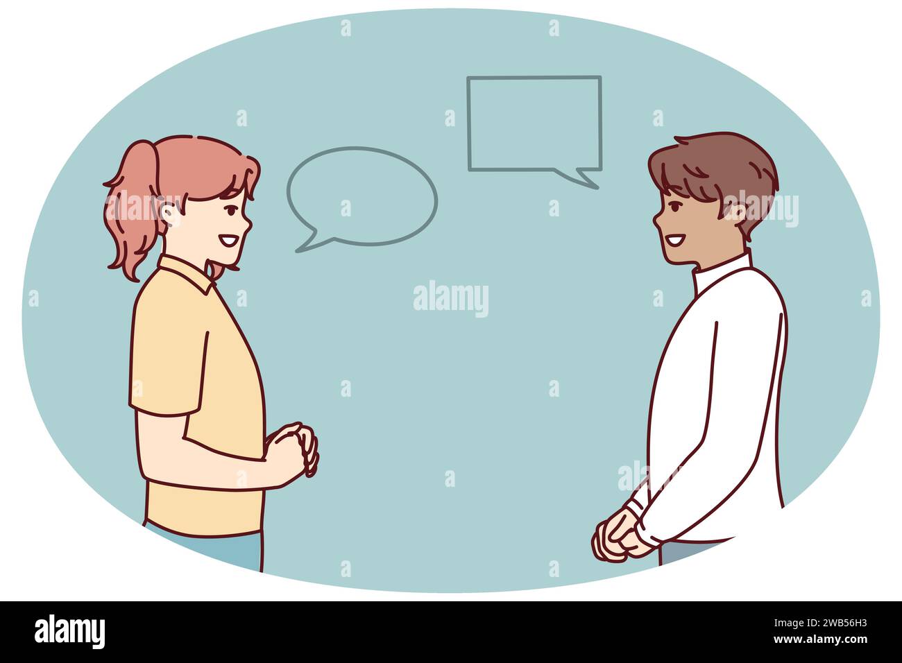 Man and woman with talking bubbles flirting or discussing joint plans for weekend. Guy and girl look at each other dressed in casual clothes with empty dialogue clouds. Flat vector image Stock Vector