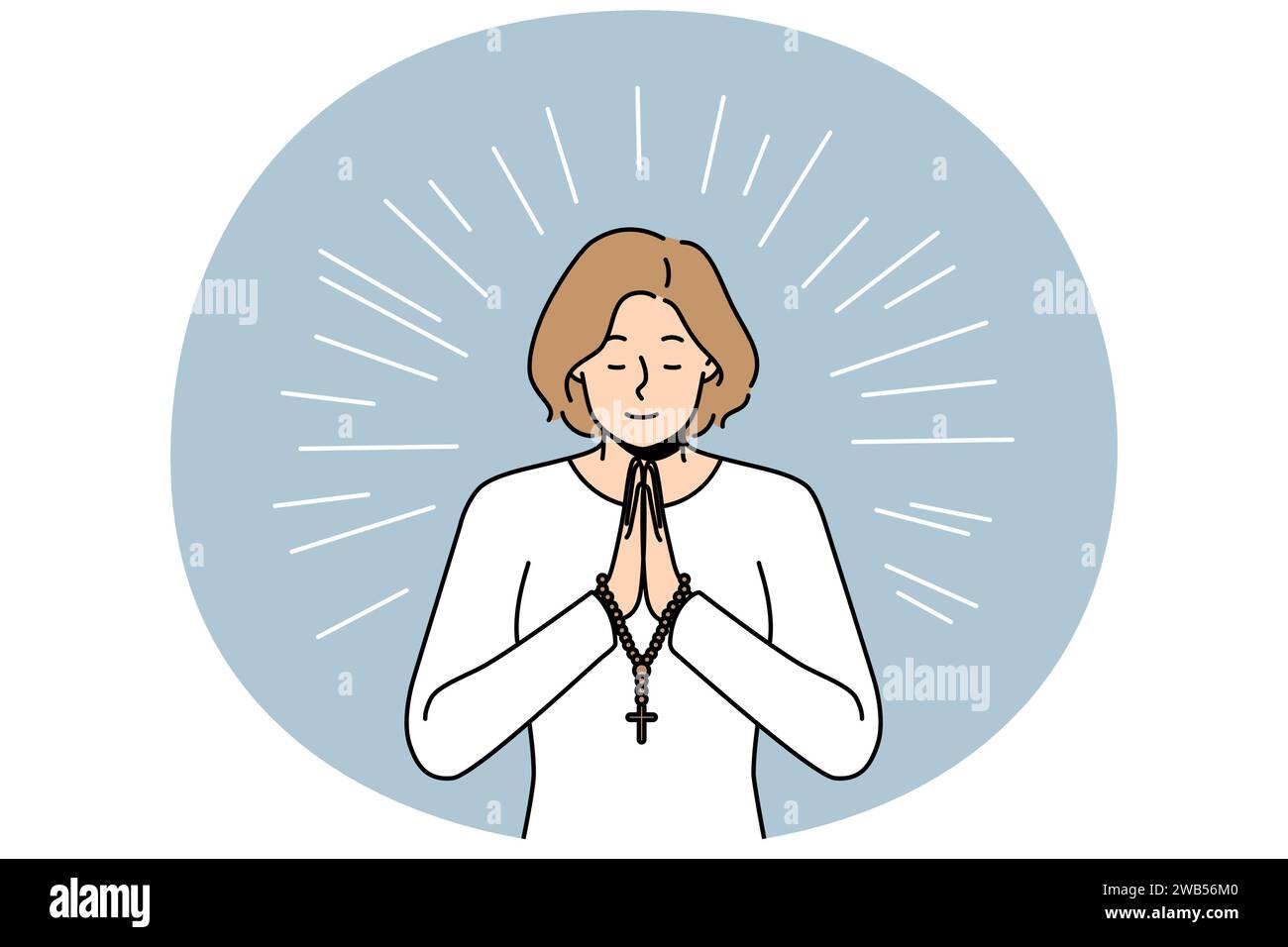 Hopeful religious young woman with rosary in hands praying. Superstitious female ask God for good fate and fortune. Religion and faith. Vector illustration. Stock Vector