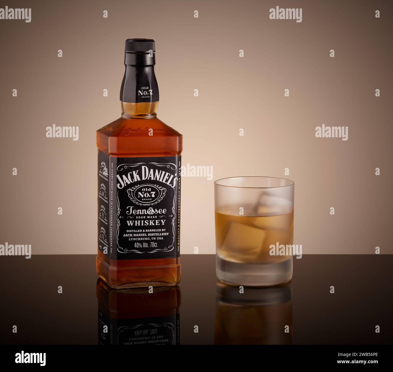 Mansfield,Nottingham,United Kingdom,22nd December 2023:Studio product image of Jack Daniel's Bourbon whisky,Jack Daniels is owned by Brown-Foreman. Stock Photo