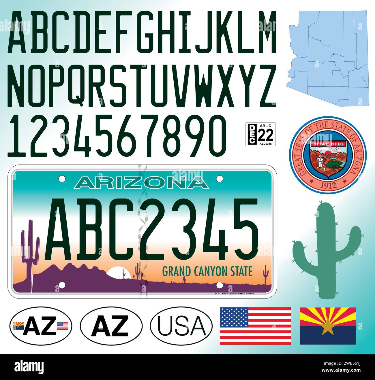 Arizona State car license plate pattern, letters, numbers and symbols, vector illustration, USA, Un ited States of America Stock Vector