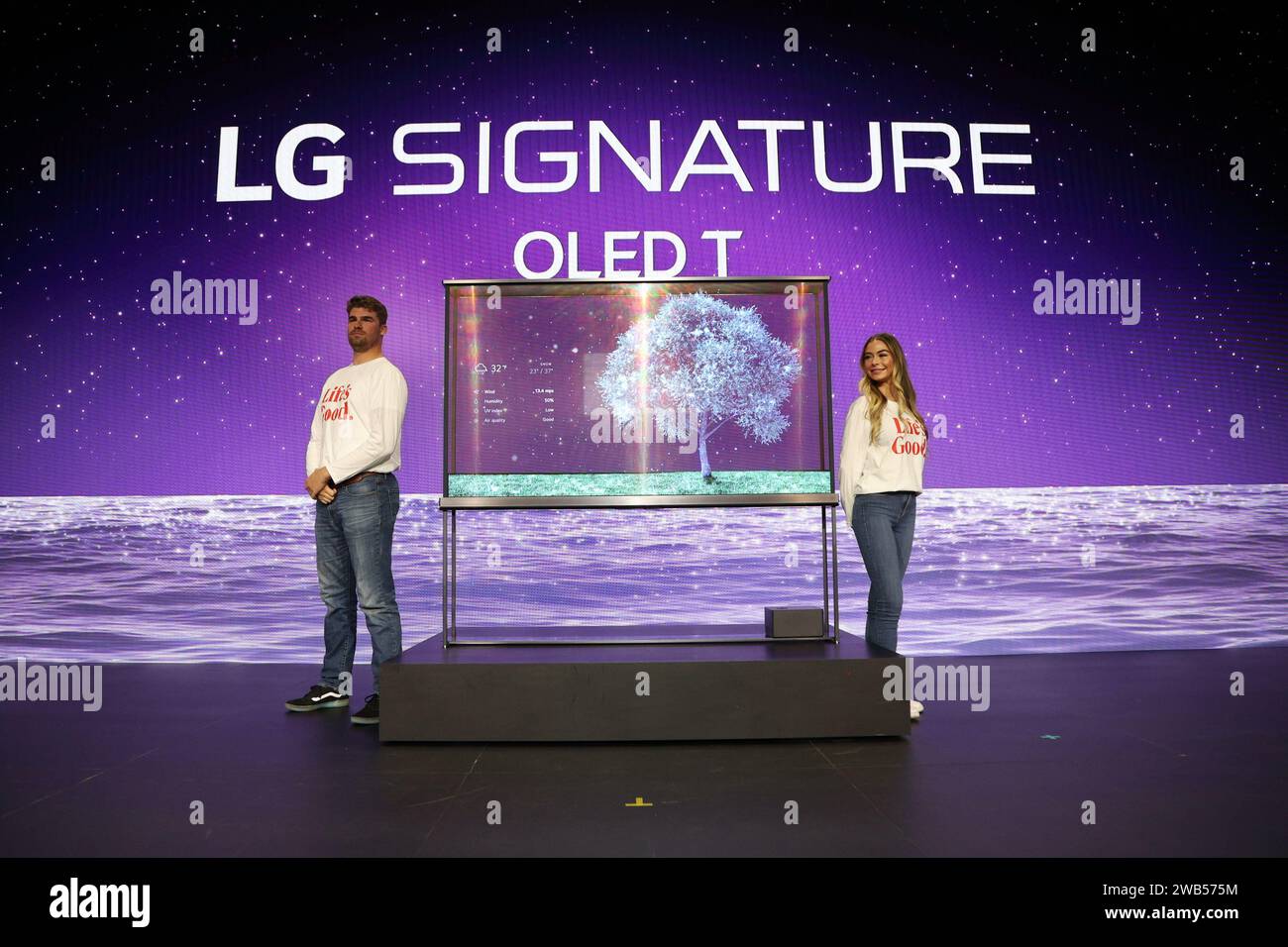 Las Vegas, United States. 08th Jan, 2024. Two models stand along side the new LG Signature OLED TV, on stage during a press conference at the 2024 International CES, at the Mandalay Bay Convention Center in Las Vegas, Nevada on Monday, January 8, 2024. Photo by James Atoa/UPI Credit: UPI/Alamy Live News Stock Photo