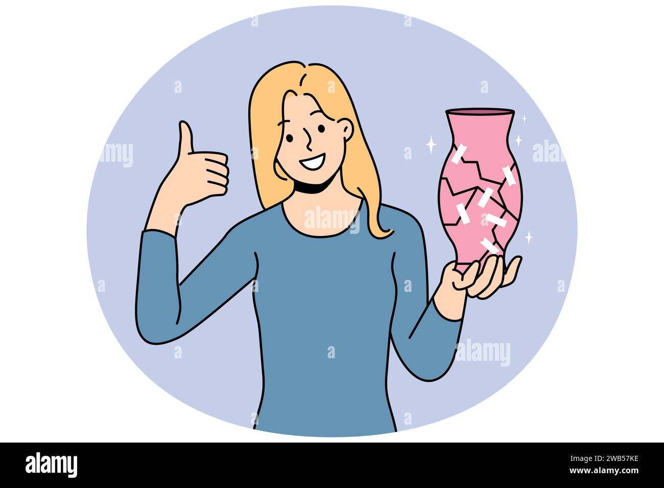 Smiling young woman repair broken vase show thumb up. Happy female fix