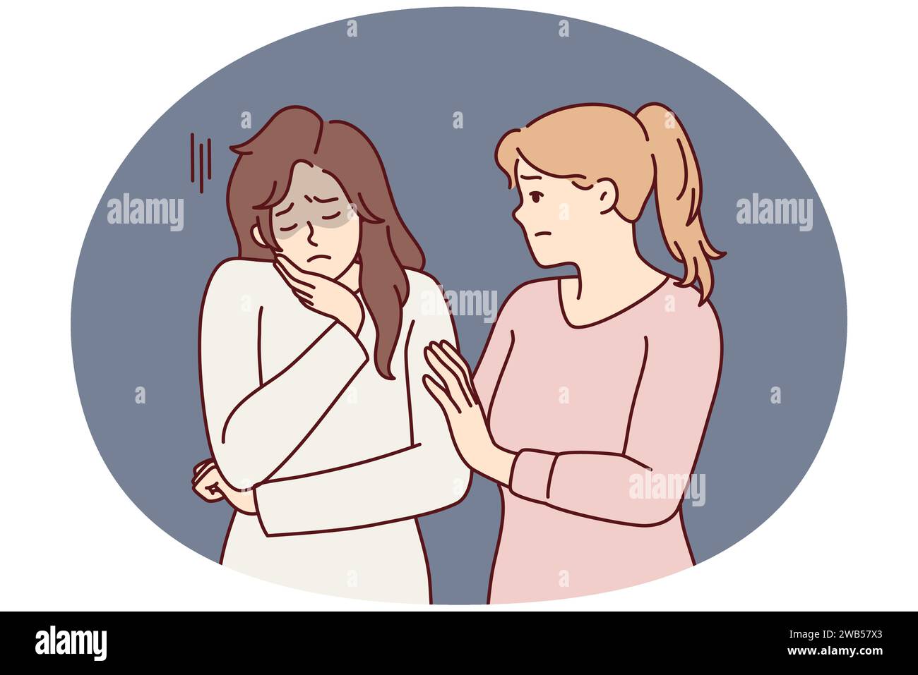 Woman comforting girl friend who is sad and stressed after bullying or toxic relationship. Lady suffers from depression and needs help of psychologist due to problems at work. Flat vector image Stock Vector