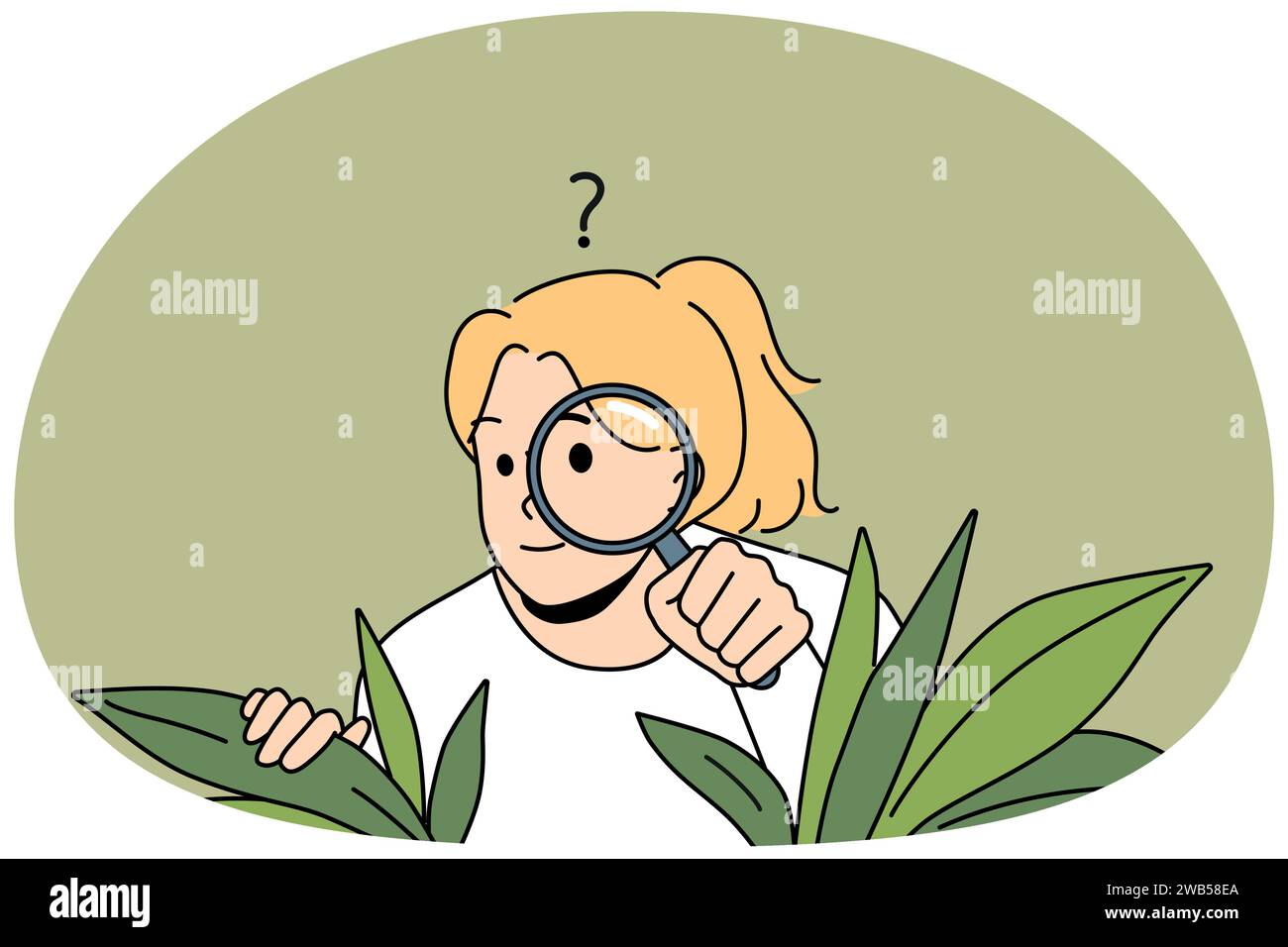 Curious young woman with magnifying glass hide in bushes spy after people or neighbors. Suspicious girl feel confused and doubtful look with magnifier. Vector illustration. Stock Vector