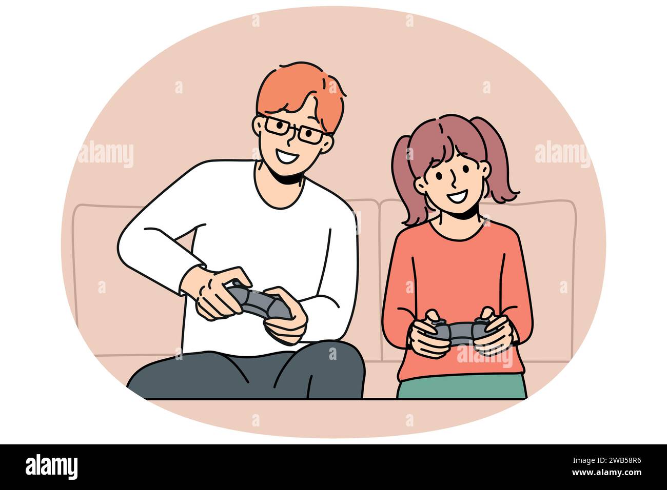 Smiling young father and daughter have fun playing video games together at home. Happy dad and little girl child enjoy computer gaming on weekend. Vector illustration. Stock Vector