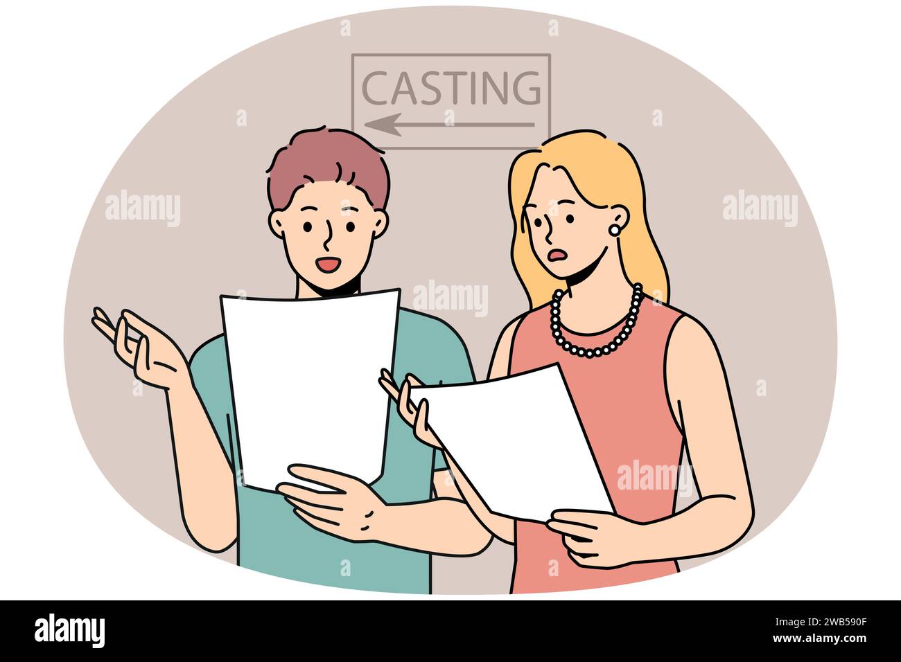 Young people reading lines in script prepare for casting in studio. Man