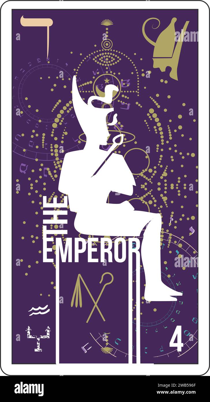 Egyptian tarot card called The Emperor. Silhouette of pharaoh sitting on his throne. Stock Vector