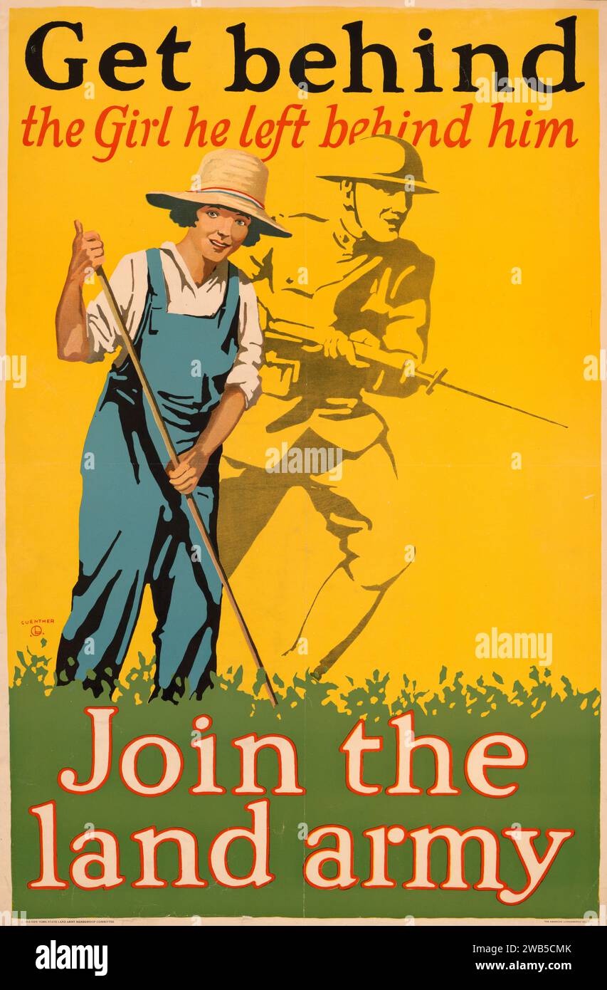 World War 1 New York State land army recruitment poster showing a young woman tending a garden with a drawing of a soldier in the background. Stock Photo