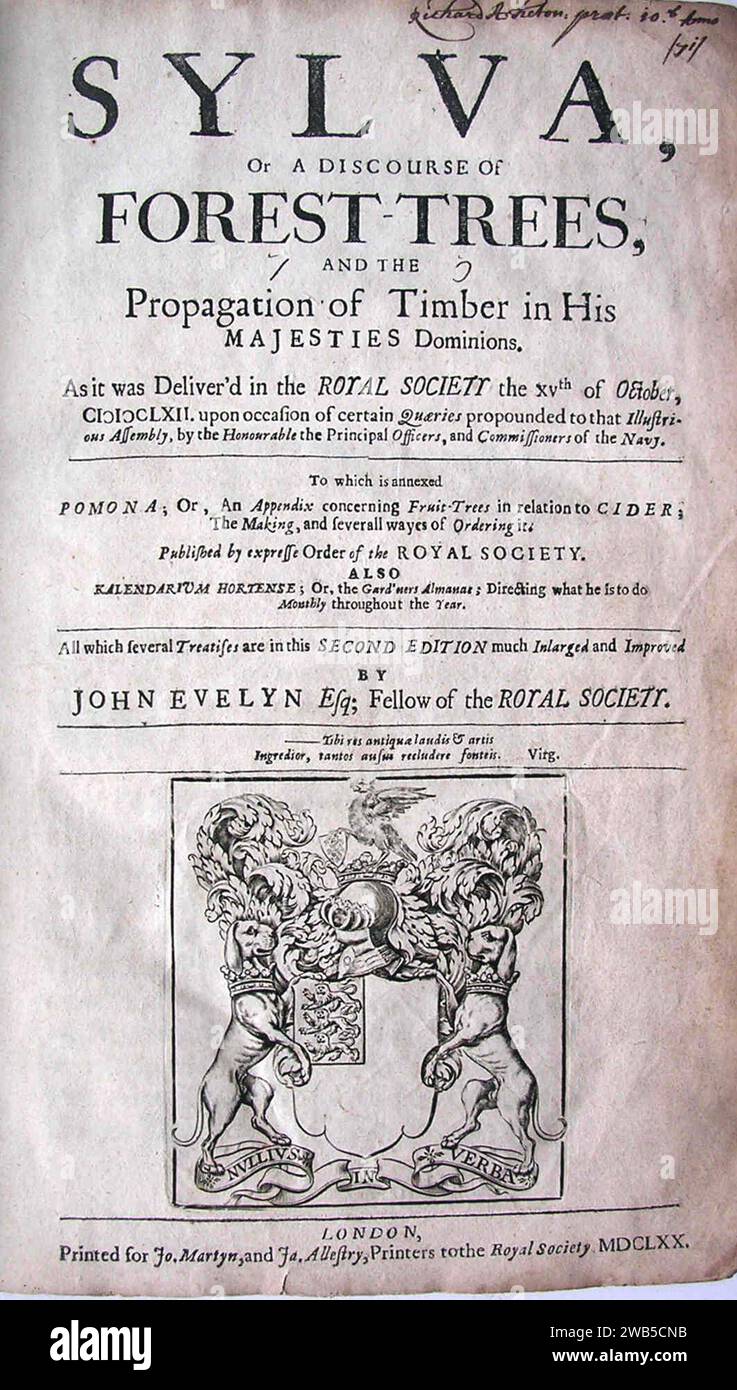 Title page of second edition of Sylva, dated 1670  Evelyn presented the new edition in 1669. Stock Photo