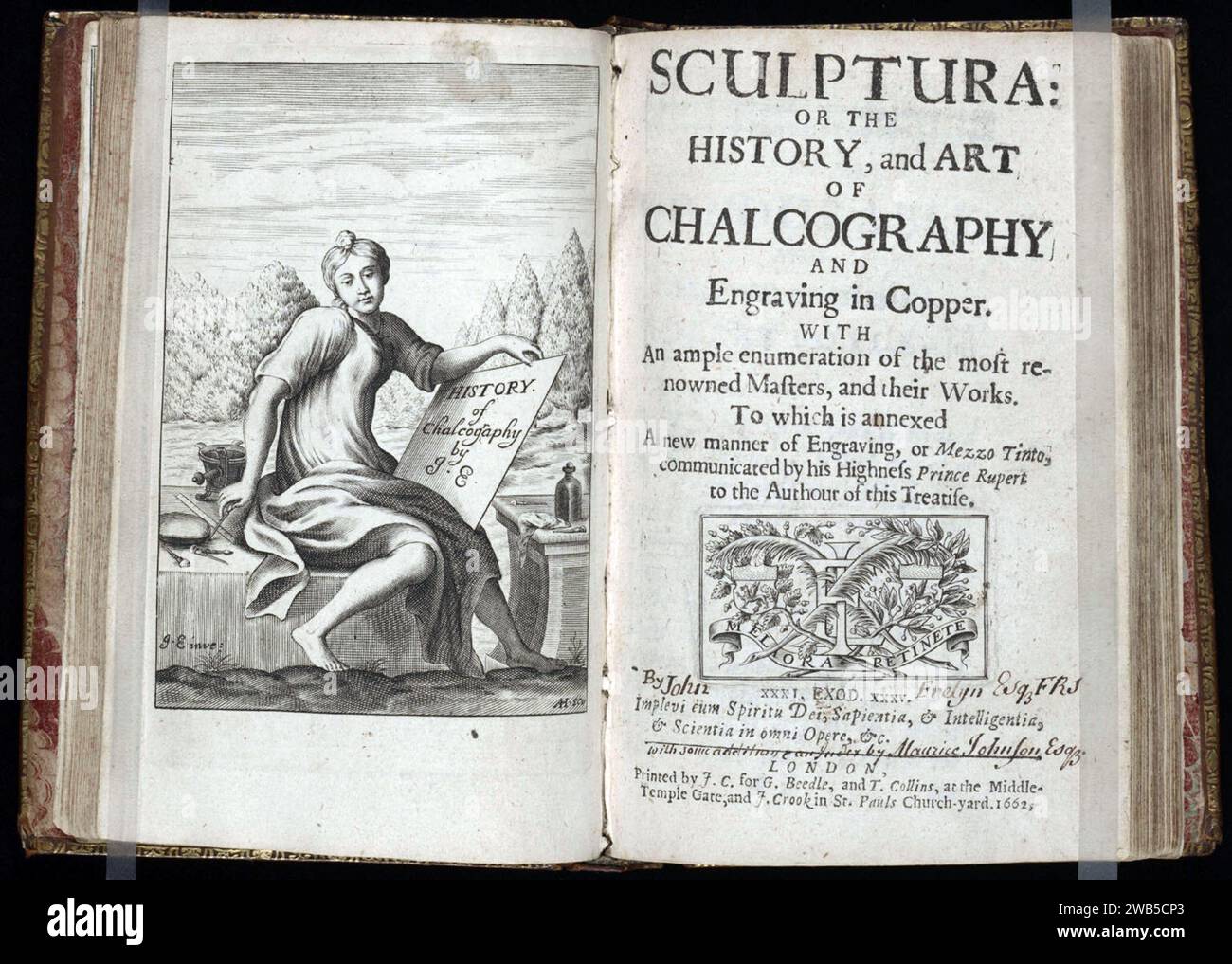 Sculptura, 1662, with engraved frontispiece by Evelyn John Evelyn - Frontispiece and title page of 'Sculptura: or the History and Art of Chalcography and Engraving in Copper,' by the English writer John Evelyn Stock Photo