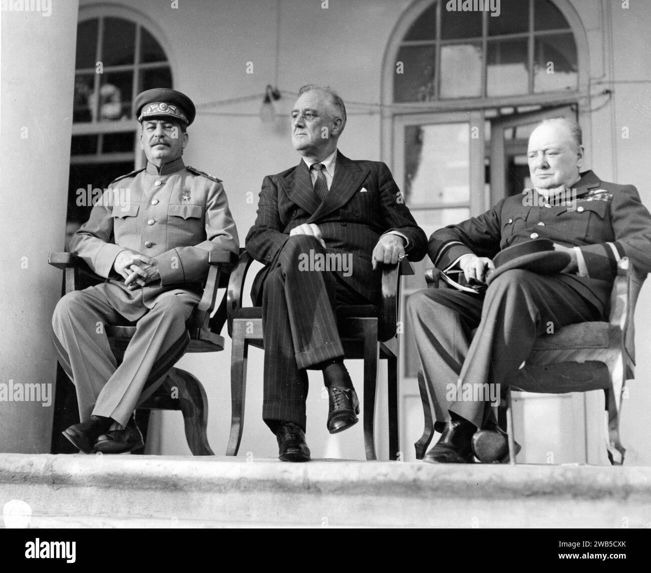 Soviet Premier Josef Stalin, US Pesident Franklin D Roosevelt and British Prime Minister Winston Churchill, meeting at the 'Big Three' Tehran Conference in 1943 Stock Photo