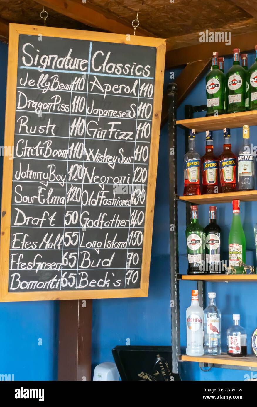 Menu bar board with drinks chalked and prices in Turkish Lira, Lords