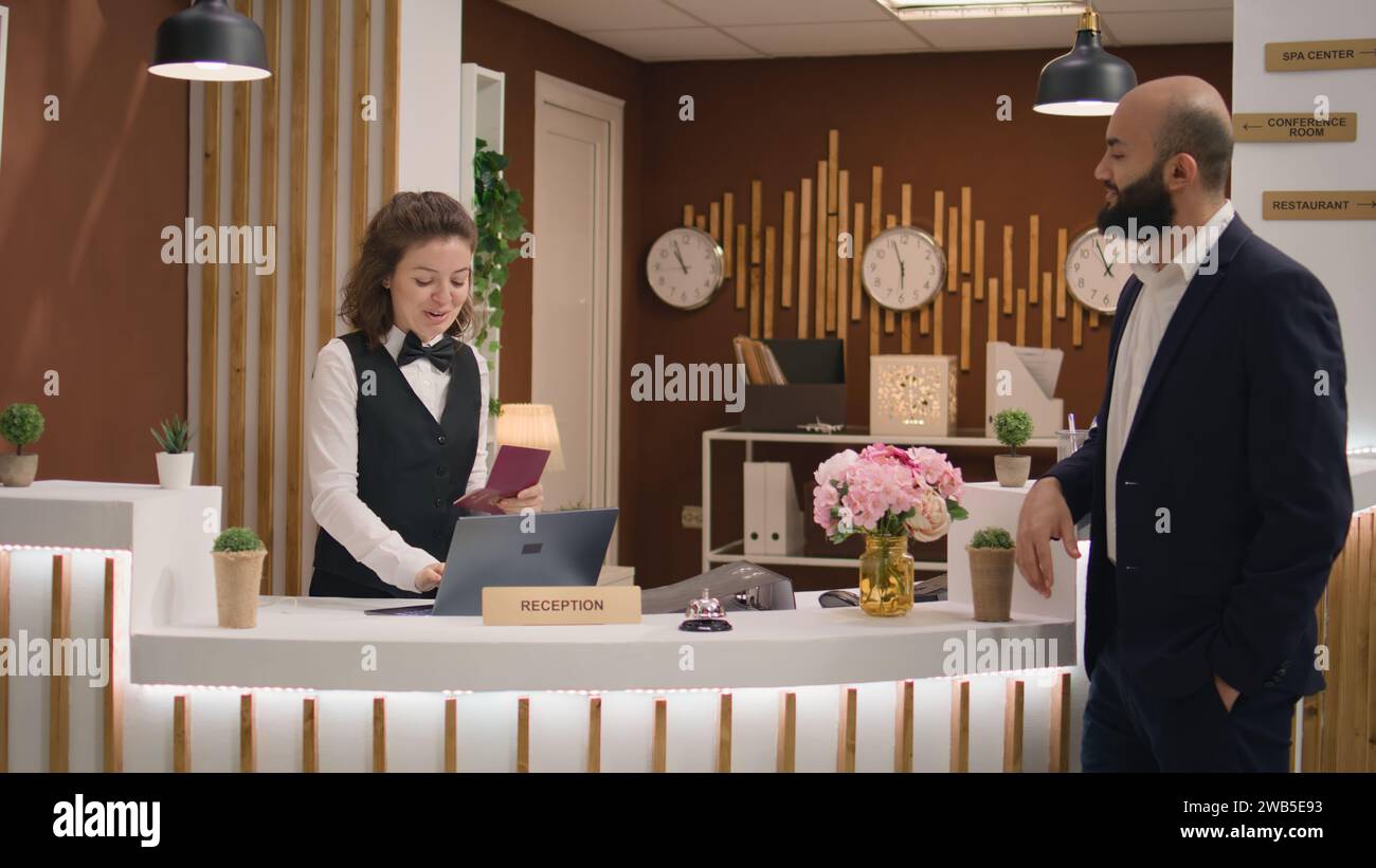 Entrepreneur shows passport at check in and offers id info credentials