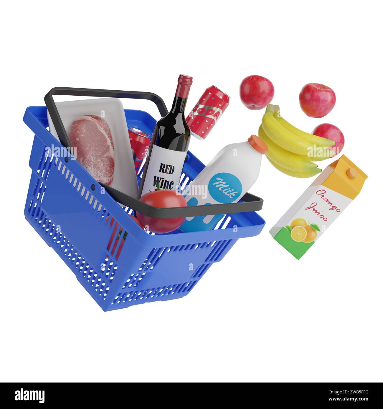 Shopping basket falling with various items isolated on white background. 3d illustration. Stock Photo