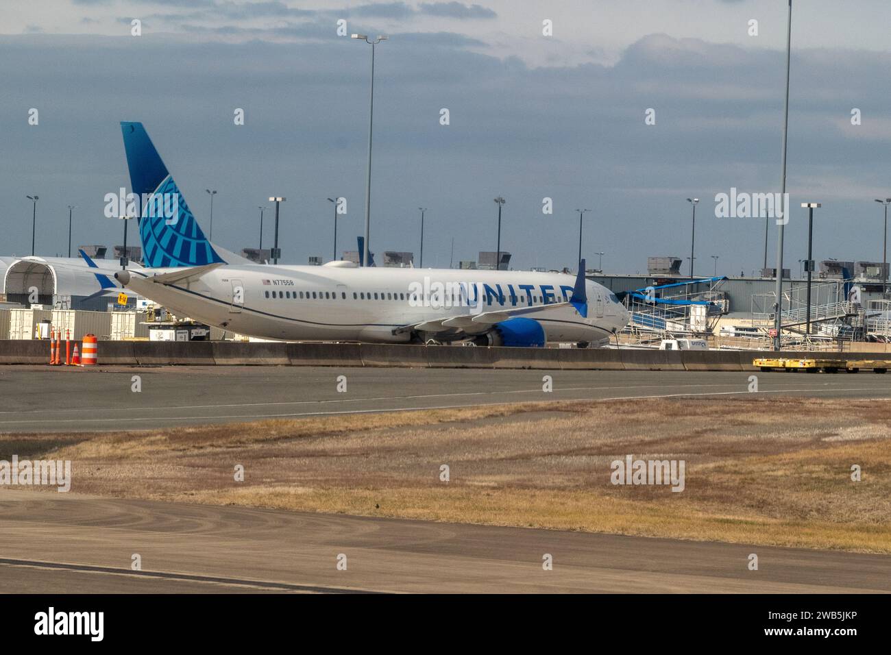 Dulles Airport, Washington DC USA - January 8, 2024 United Airlines Boeing 737 Max 9 jet N77558 grounded on the tarmac at Dulles Airport IAD Stock Photo