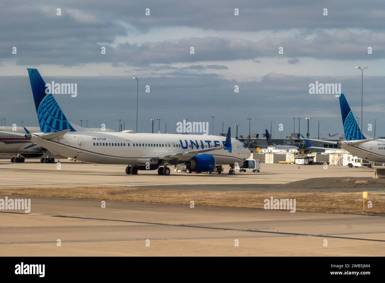 Dulles Airport, Washington DC USA - January 8, 2024 United Airlines Boeing 737 Max 9 jet N77558 grounded on the tarmac at Dulles Airport IAD Stock Photo