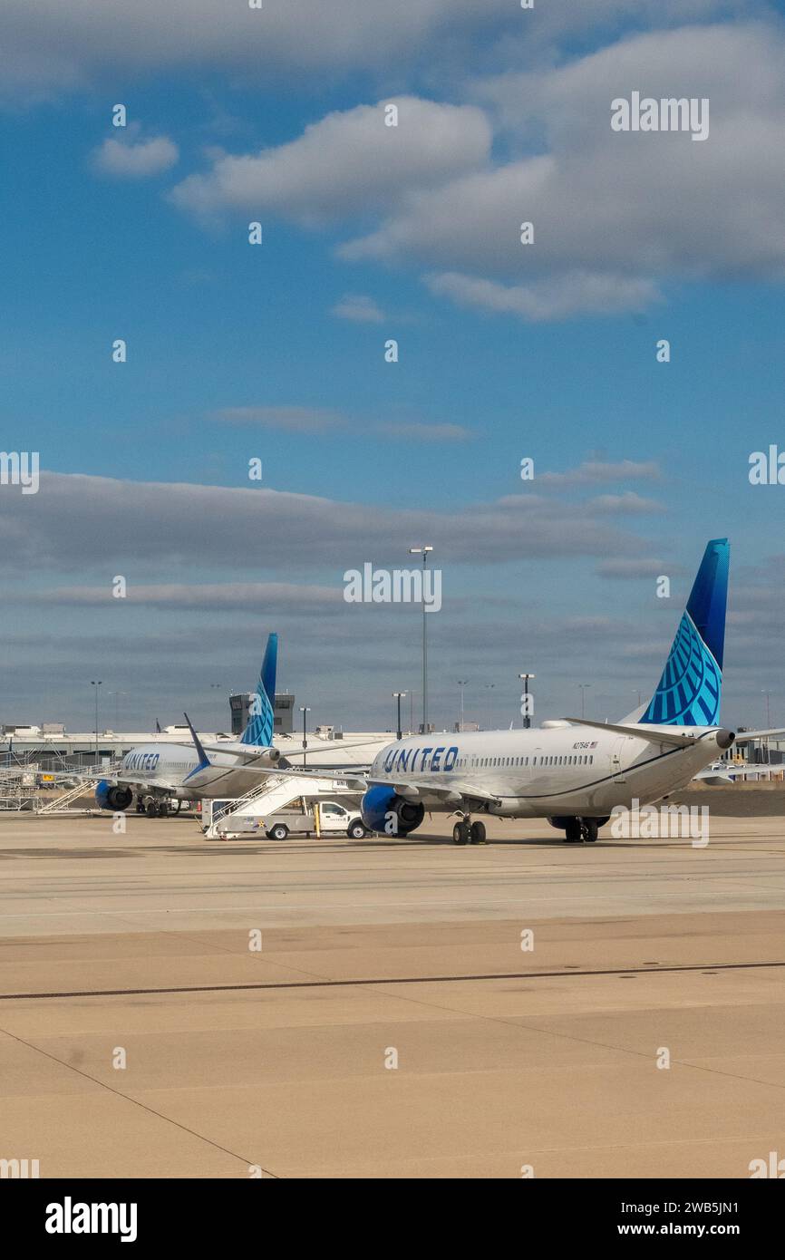 Dulles Airport, Washington DC USA - January 8, 2024 Two Grounded Boeing 737 Max 9 jets at Washington DC's Dulles International Airport Stock Photo