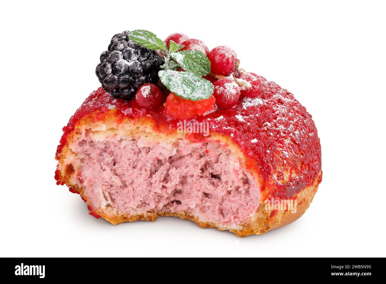 Cake shu eclairs with berries and red crumble isolated on white background Stock Photo