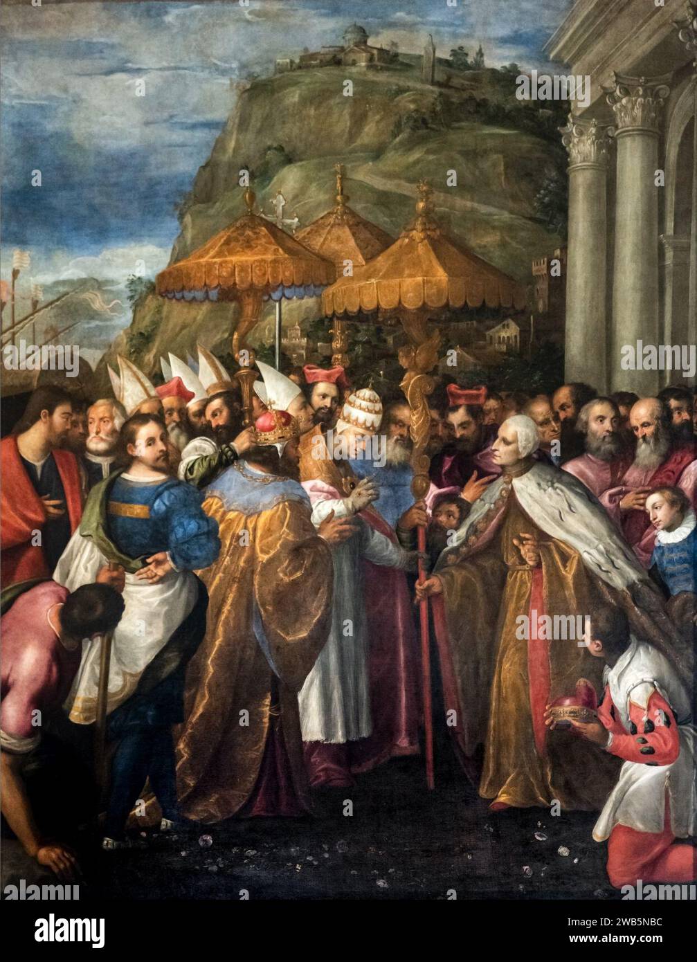 (Venice) Il Papa giunge su navi veneziane ad Ancona, accompagnato dal Barbarossa e dal doge, e dona a questo un'ombrella d'oro, alto simbolo d'autorità - Gerolamo Gambarato 1582. Stock Photo