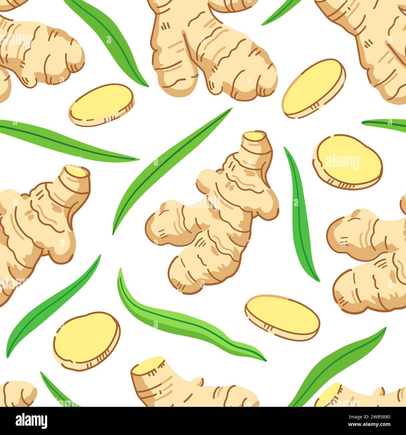 Seamless pattern with ginger roots, slices and leaves. Vector illustration. Stock Vector