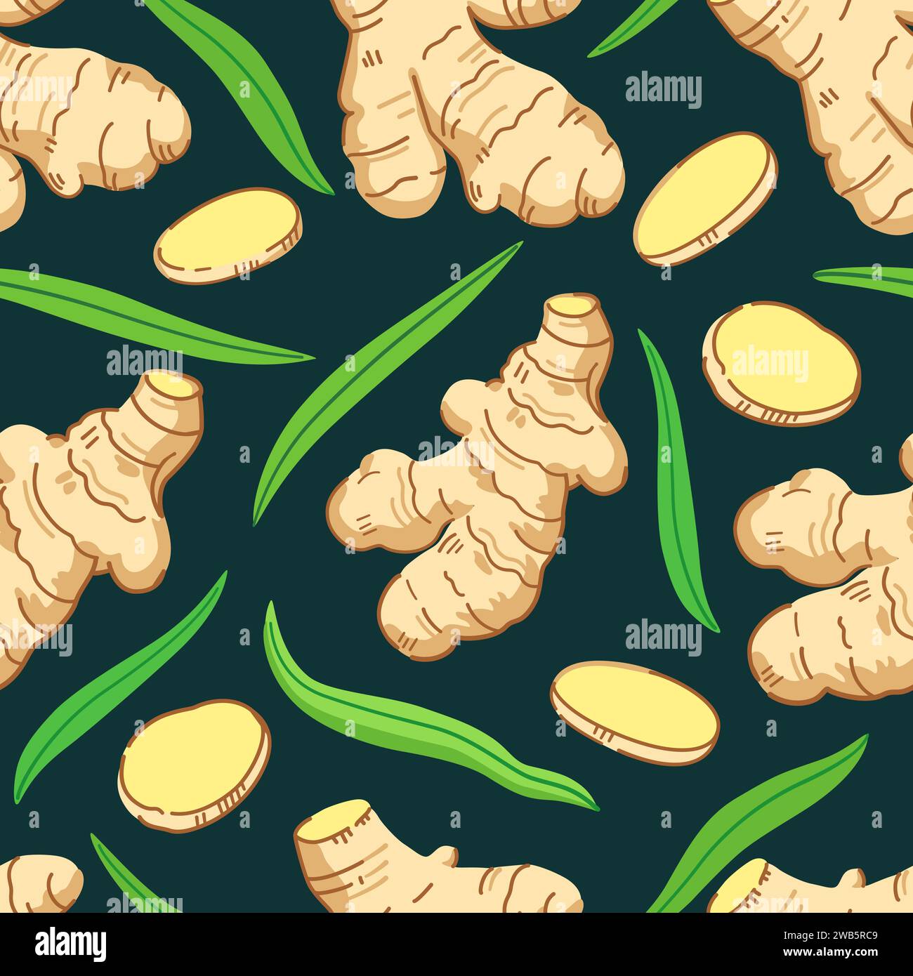 Seamless pattern with ginger roots, slices and leaves. Vector illustration. Stock Vector