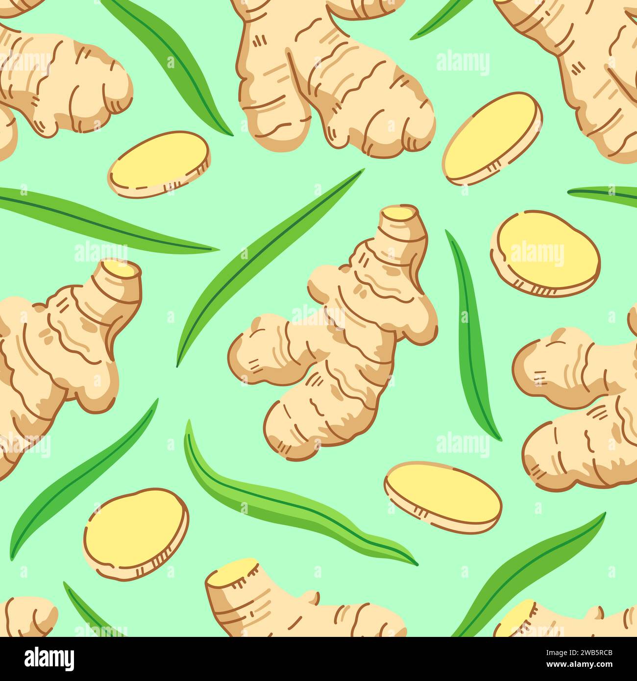 Seamless pattern with ginger roots, slices and leaves. Vector illustration. Stock Vector
