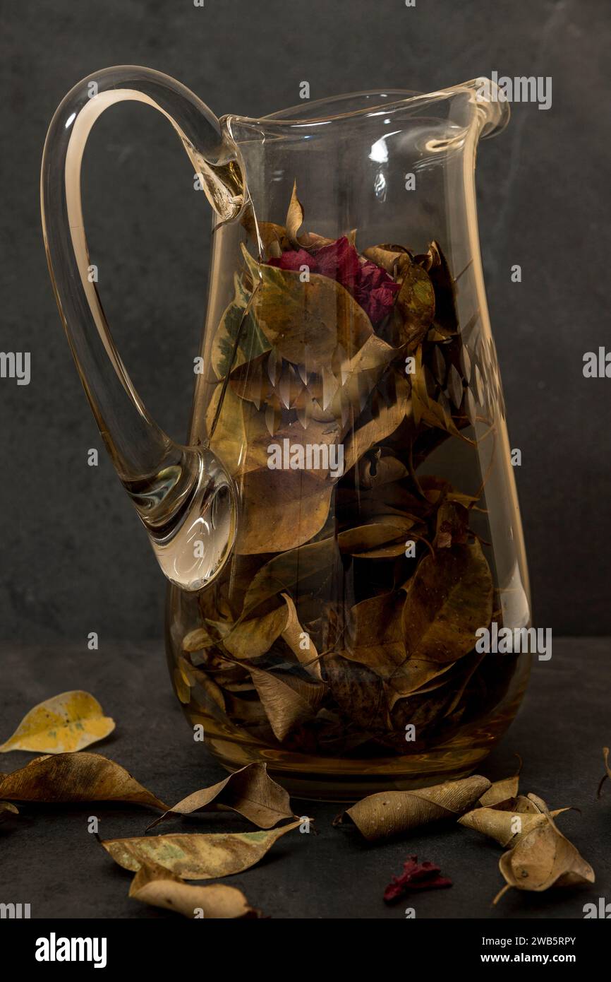 Close up of glass jar with dried aromatic leaves on dark background. Stock Photo