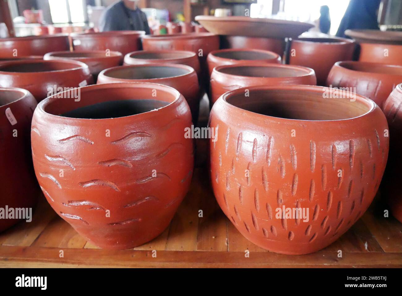 Handmade ceramic clay terracotta jugs, pots, vases, souvenirs on