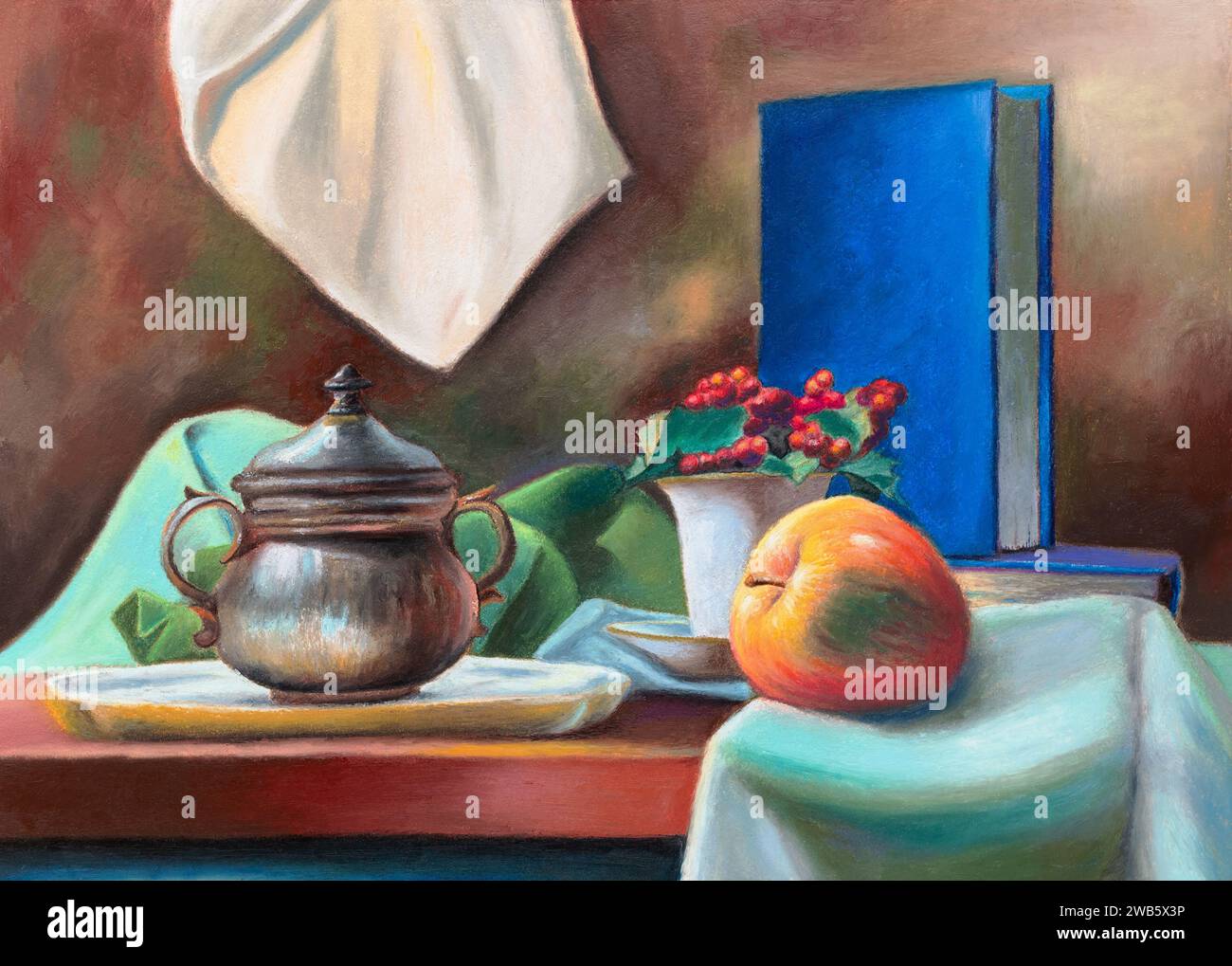 Still life with fruit, a metal jug and some drapery. Traditional painting on paper. Stock Photo