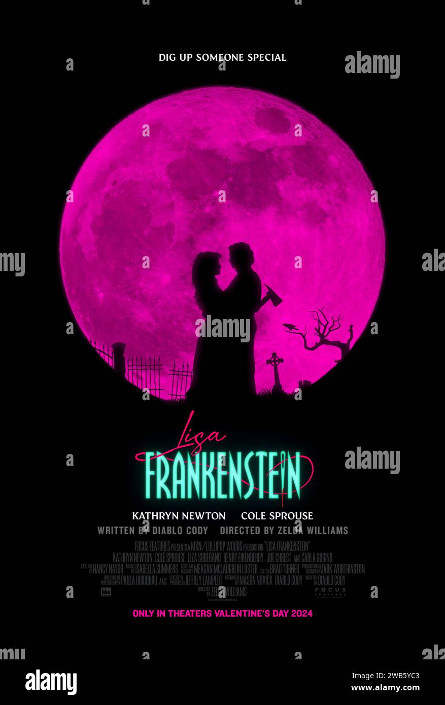 Lisa Frankenstein (2024) directed by Zelda Williams and starring Kathryn Newton, Liza Soberano and Jenna Davis. A coming of RAGE love story about a teenager and her crush, who happens to be a corpse. After a set of horrific circumstances bring him back to life, the two embark on a journey to find love, happiness - and a few missing body parts. US one sheet poster ***EDITORIAL USE ONLY***. Credit: BFA / Focus Features Stock Photo