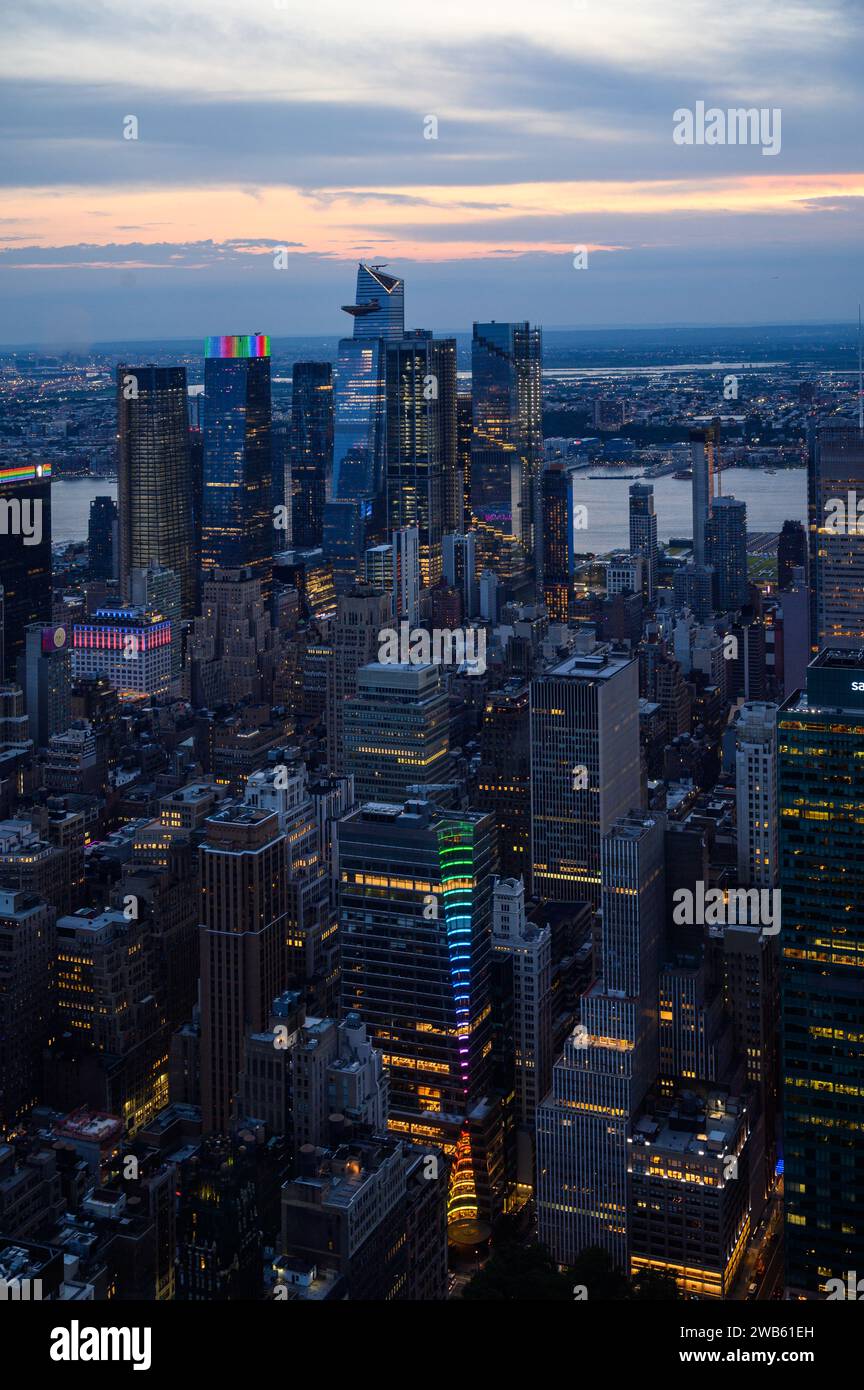 Panoramic view of Manhattan from the Summit overlook towards the Hudson River, with Hudson Yards in the background and the whole city at dusk Stock Photo