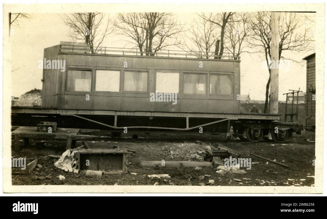 12th Engineer Regiment, ‘barbed-wire’ passenger car on the M.F.U. Line, St. Mihiel, France, captured in the Saint-Mihiel Salient (Missouri Historical Society p0389-000112). Stock Photo