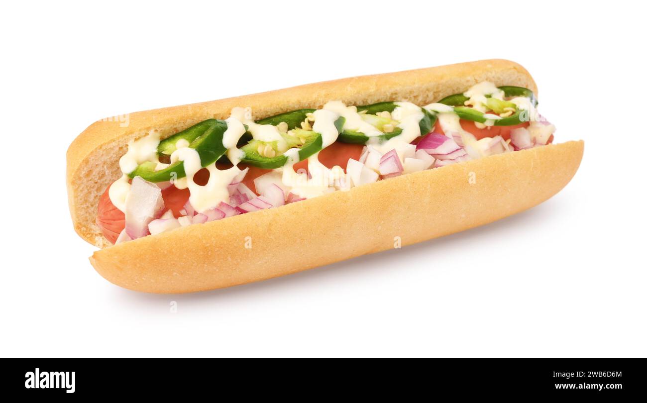 Delicious hot dog with onion, chili pepper and sauce isolated on white Stock Photo
