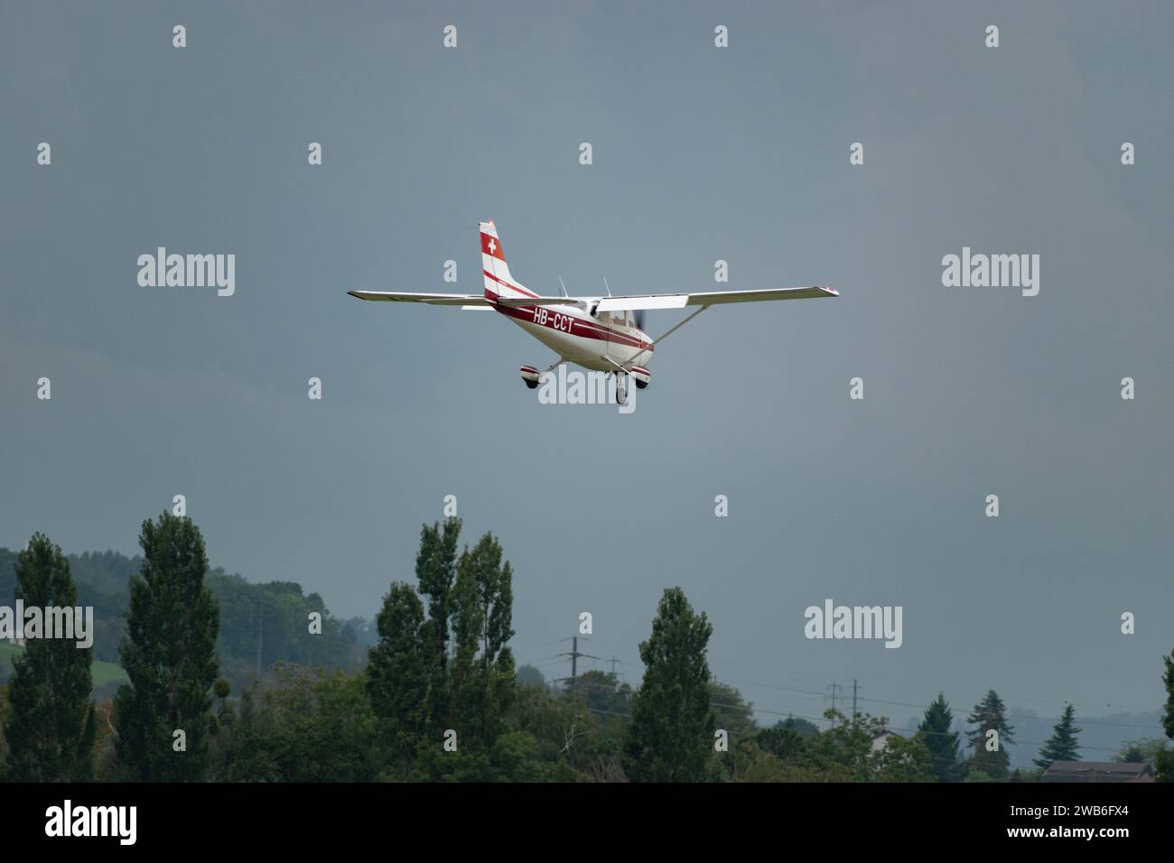 Altenrhein Airport, Saint Gallen, Switzerland, September 12, 2023 HB-CCT Reims Cessna F172N Skyhawk on its final approach to runway 28 Stock Photo
