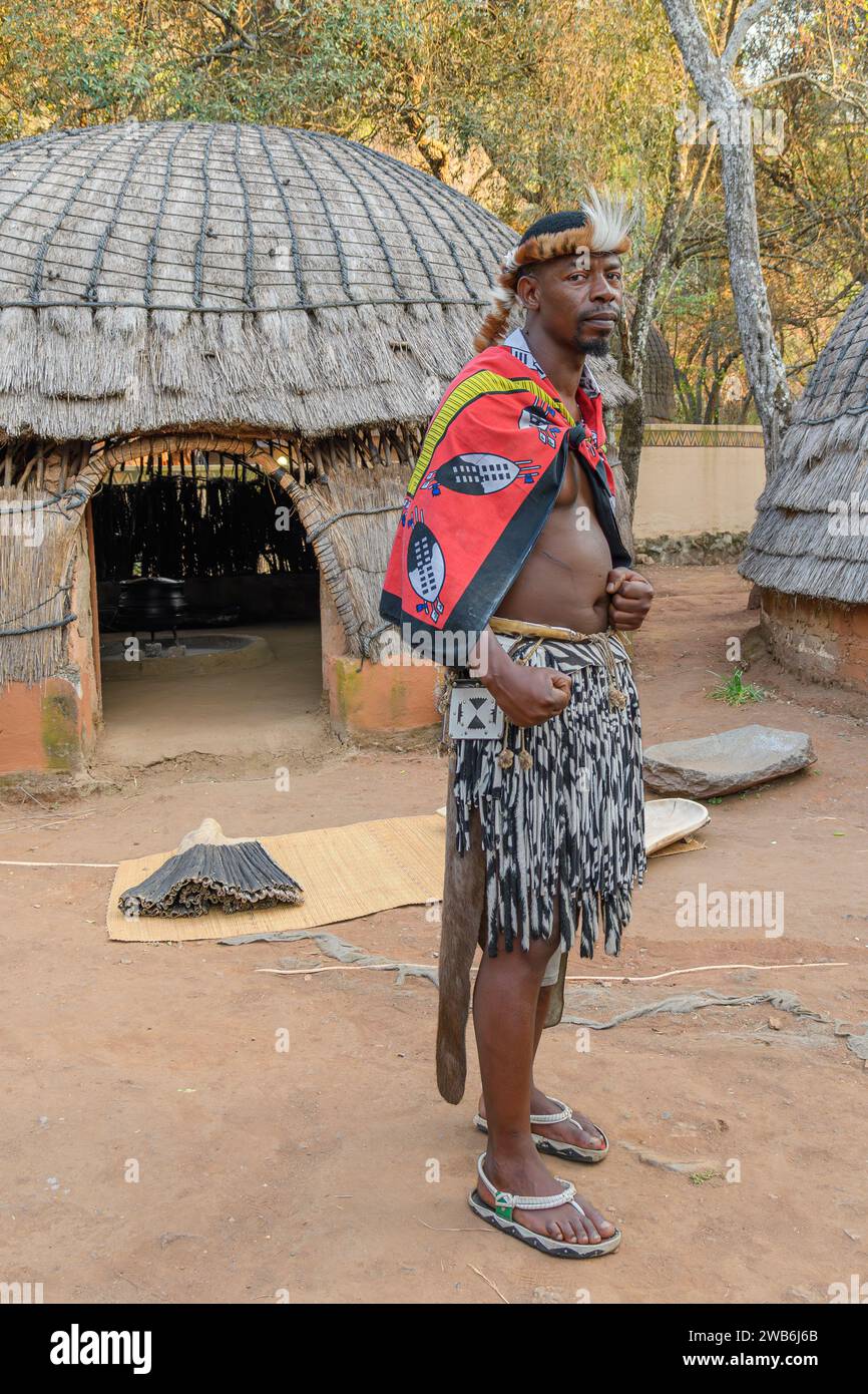 Adult male performer in traditional Zulu costume,  Lesedi Cultural Village, Lanseria, Gauteng, South Africa Stock Photo