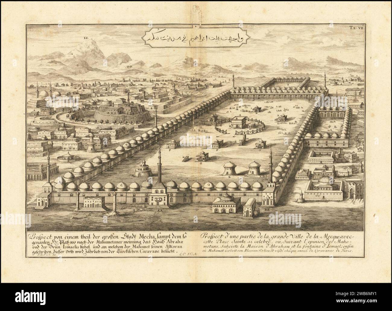 1725 view of Mecca by Johann Bernhard Fischer von Erlach. Stock Photo