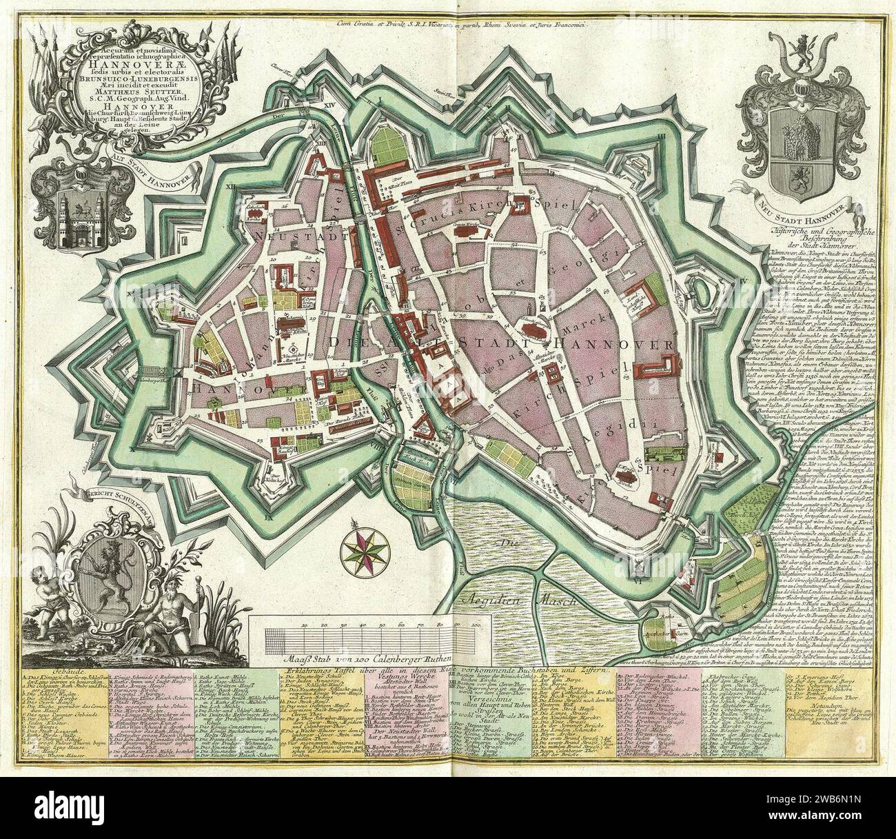 1735 Matthäus Seutter Stadtplan Calenberger Neustadt und Hannover. Stock Photo