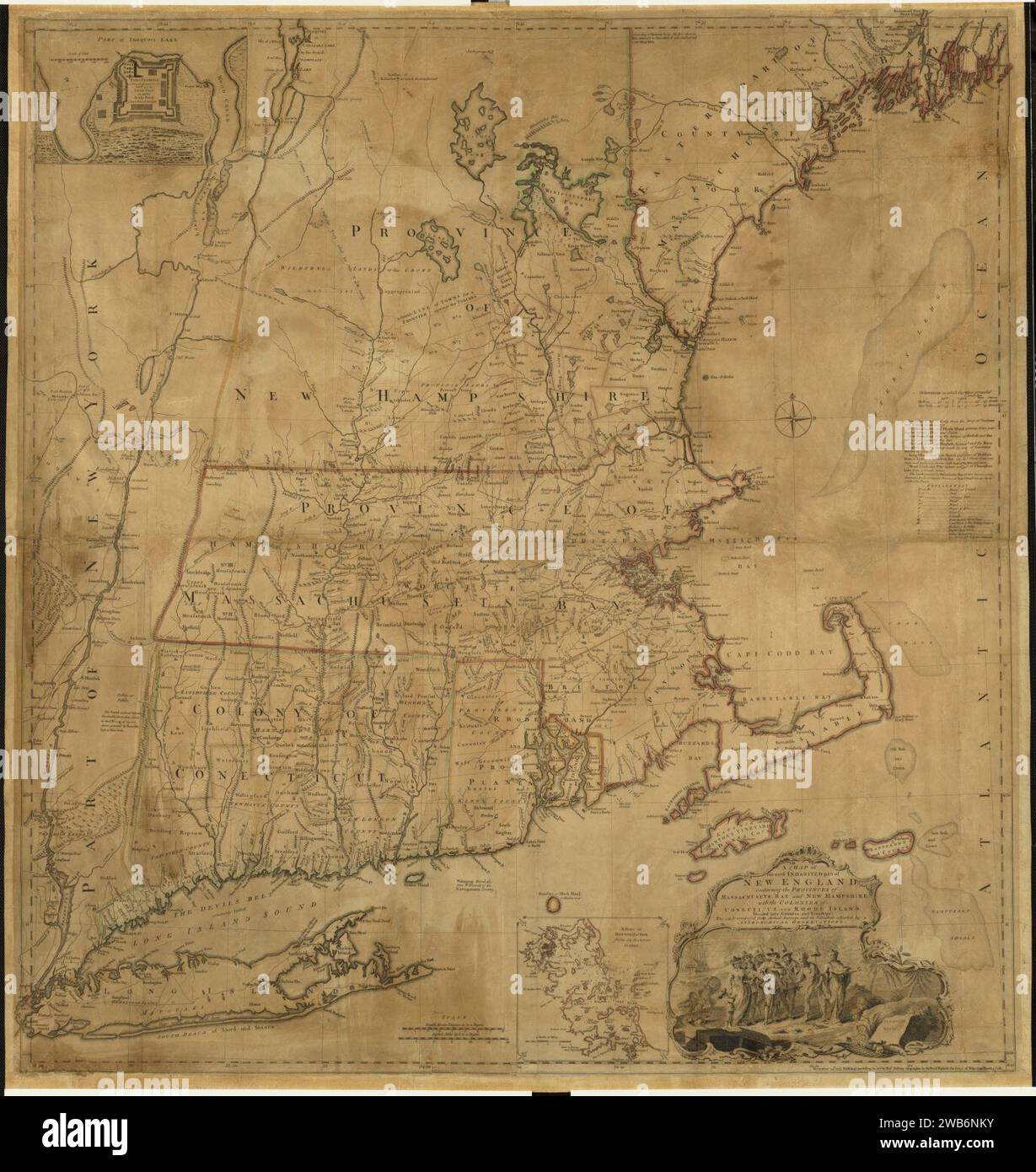 1755 A map of the most inhabited part of New England..., by Thomas Jefferys, Stock Photo