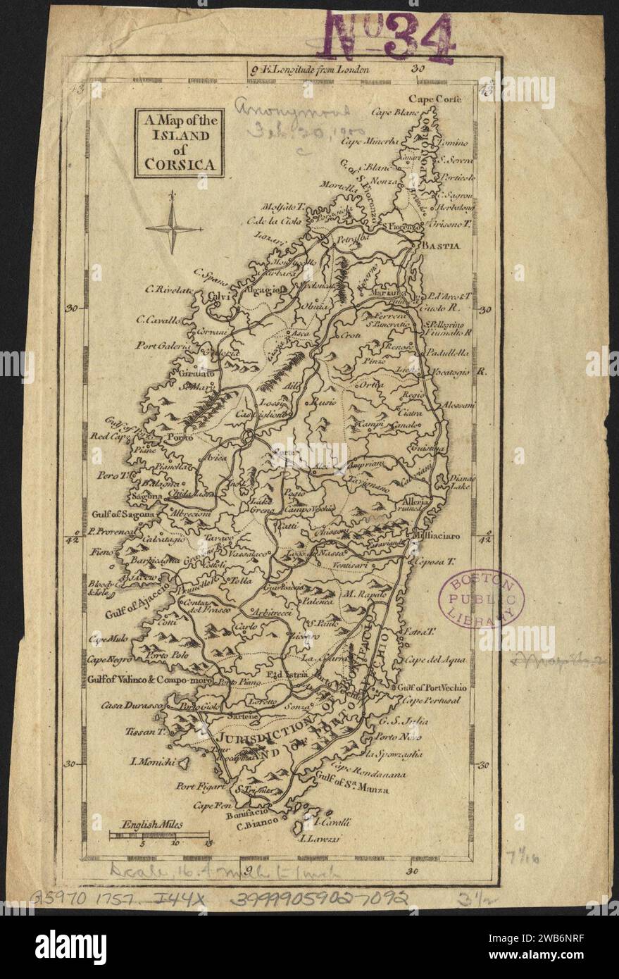 1757 A map of the island of Corsica, by Thomas Jefferys, Stock Photo