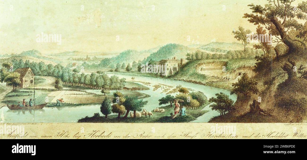 1780 circa Daniel Berger kolorierter Kupferstich ''Aussicht von einer Höhe bey Herbede an der Ruhr nach dem Hause Hardenstein und der Herrlichkeit Witten'' (Ausschnitt) nach Zeichnung von Johann Caspar Huber. Stock Photo